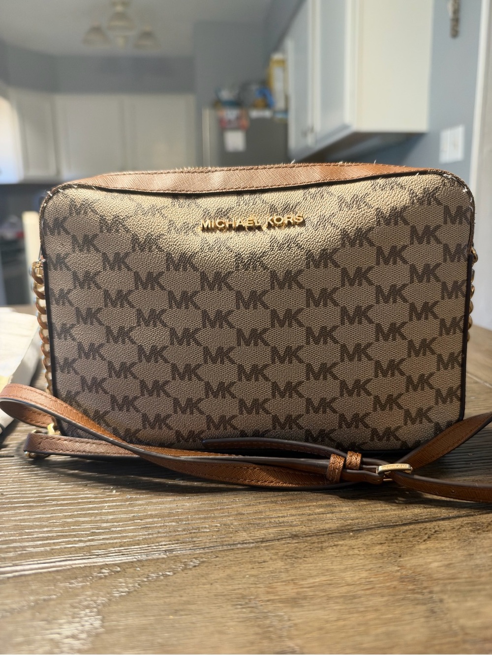 Michael Kors Brown MK Logo Messenger Bag with Gold Hardware